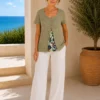 KAV2687-01-front Kalisson olive knit layered top with floral insert