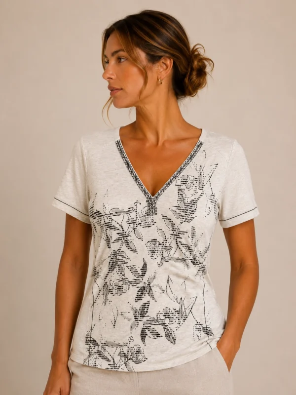 KAV2699-01-front Kalisson beige floral cotton t-shirt women