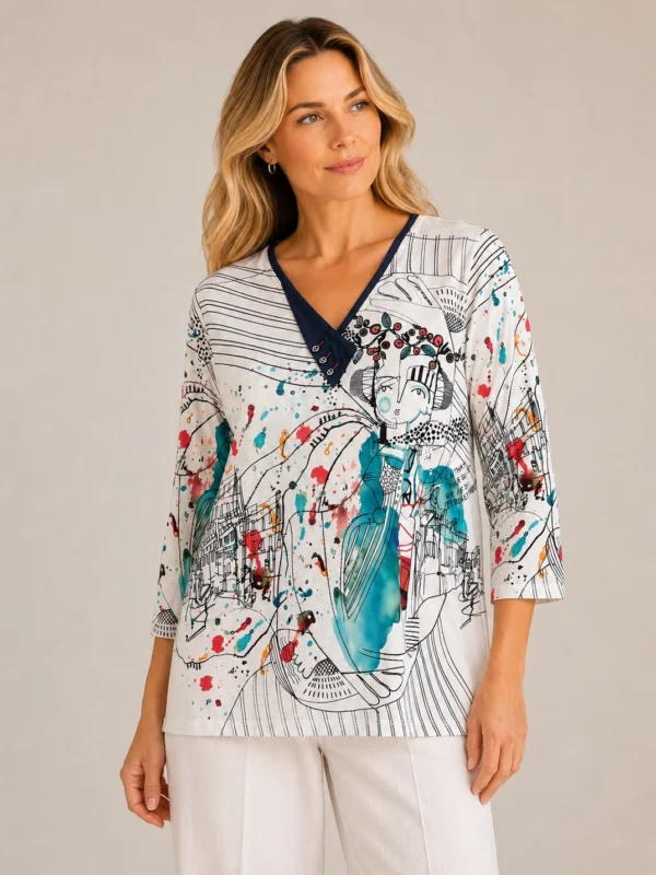 Kalisson artistic print long sleeve cotton top with abstract illustration