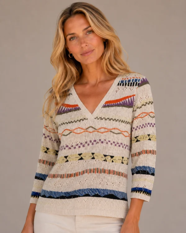 Kav2611-01-front Kalisson Beige Multicolour Pattern Knit Top