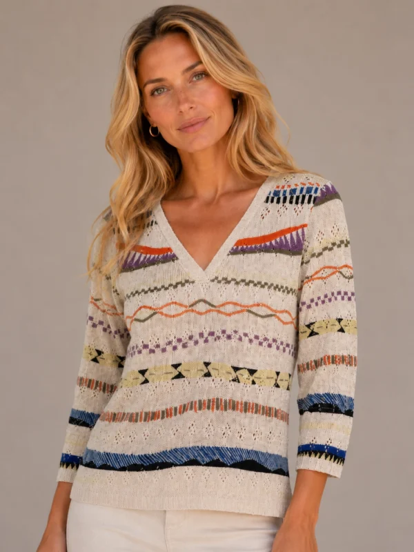 Kalisson Beige Multicolour Pattern Knit Top
