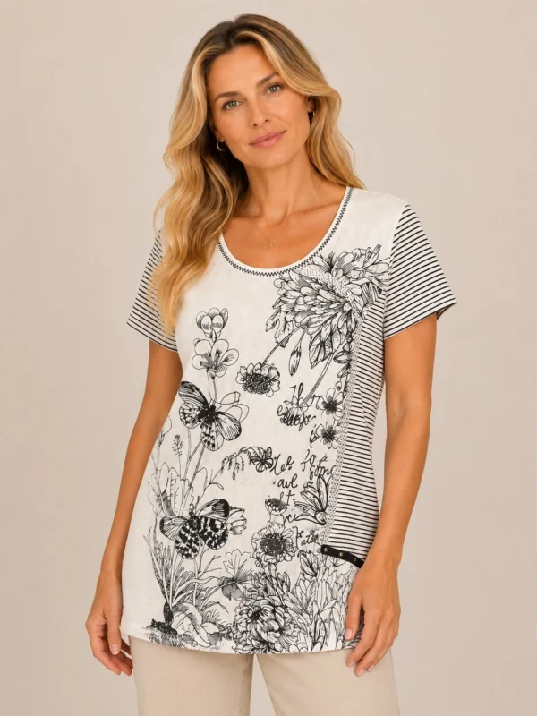 Kav26110-01-front-upperbody Kalisson artistic print long sleeve cotton top with floral illustration