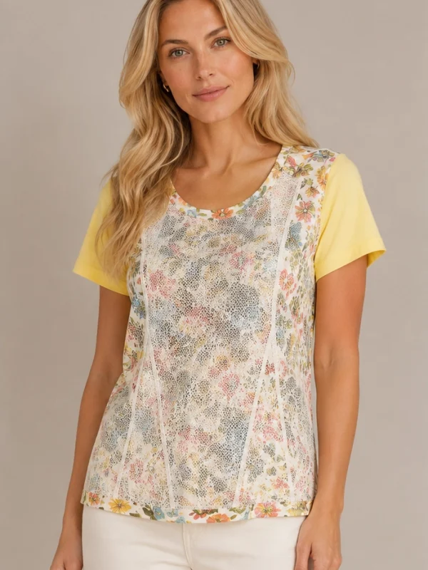Kalisson Floral Viscose Top with floral print and delicate lace overlay
