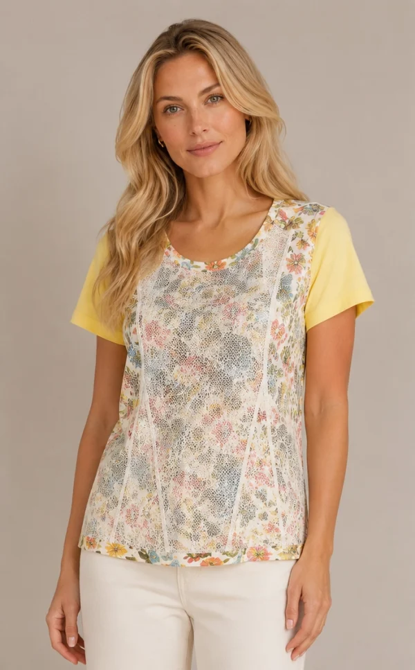 Kav2638-01-front Kalisson Floral Viscose Top with floral print and delicate lace overlay