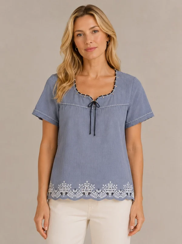 Kav2639-01-front Kalisson blue cotton top with embroidered hem and decorative neckline detail