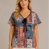 Kav2641-01-front Kalisson Patchwork Print Top with colourful pattern and decorative neckline detail
