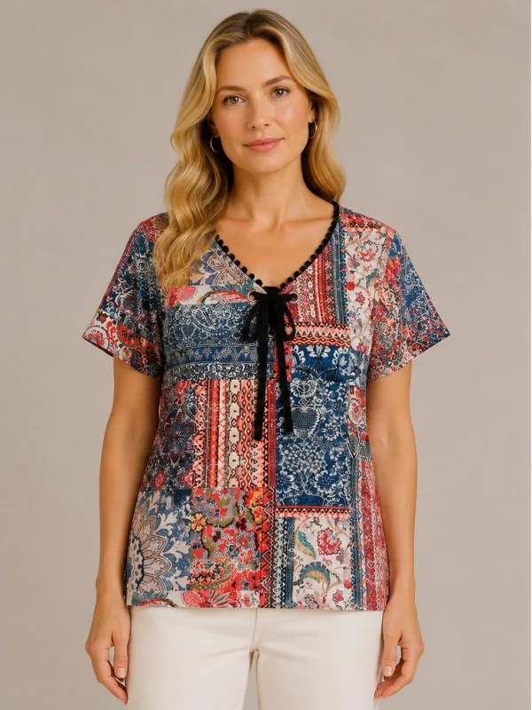 Kalisson Patchwork Print Top with colourful pattern and decorative neckline detail