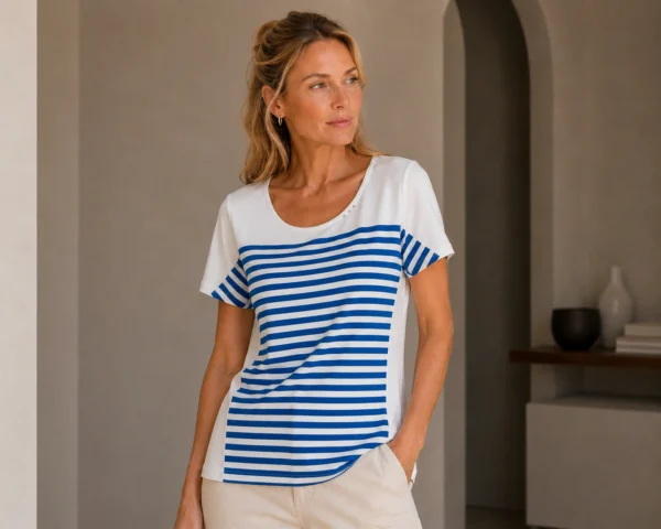 Kav2642-01 Kalisson White and Blue Stripe Cotton T-Shirt