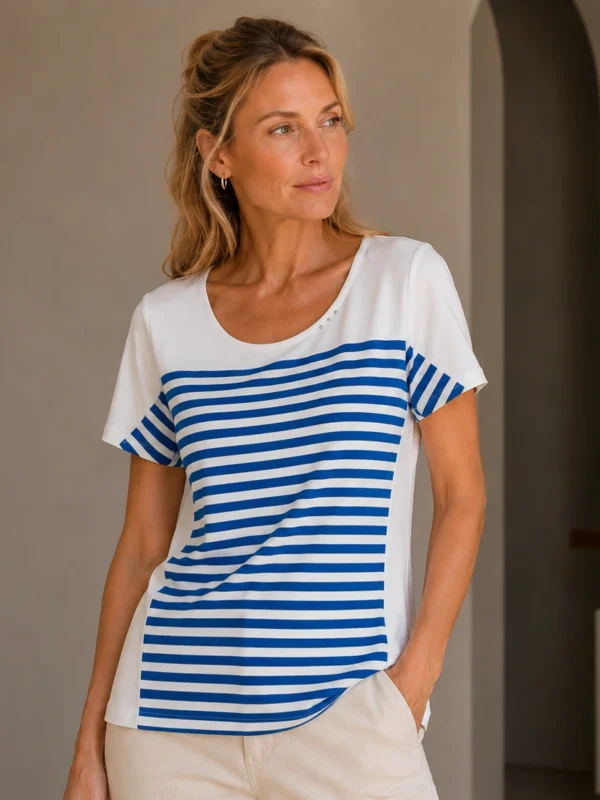 Kalisson White and Blue Stripe Cotton T-Shirt