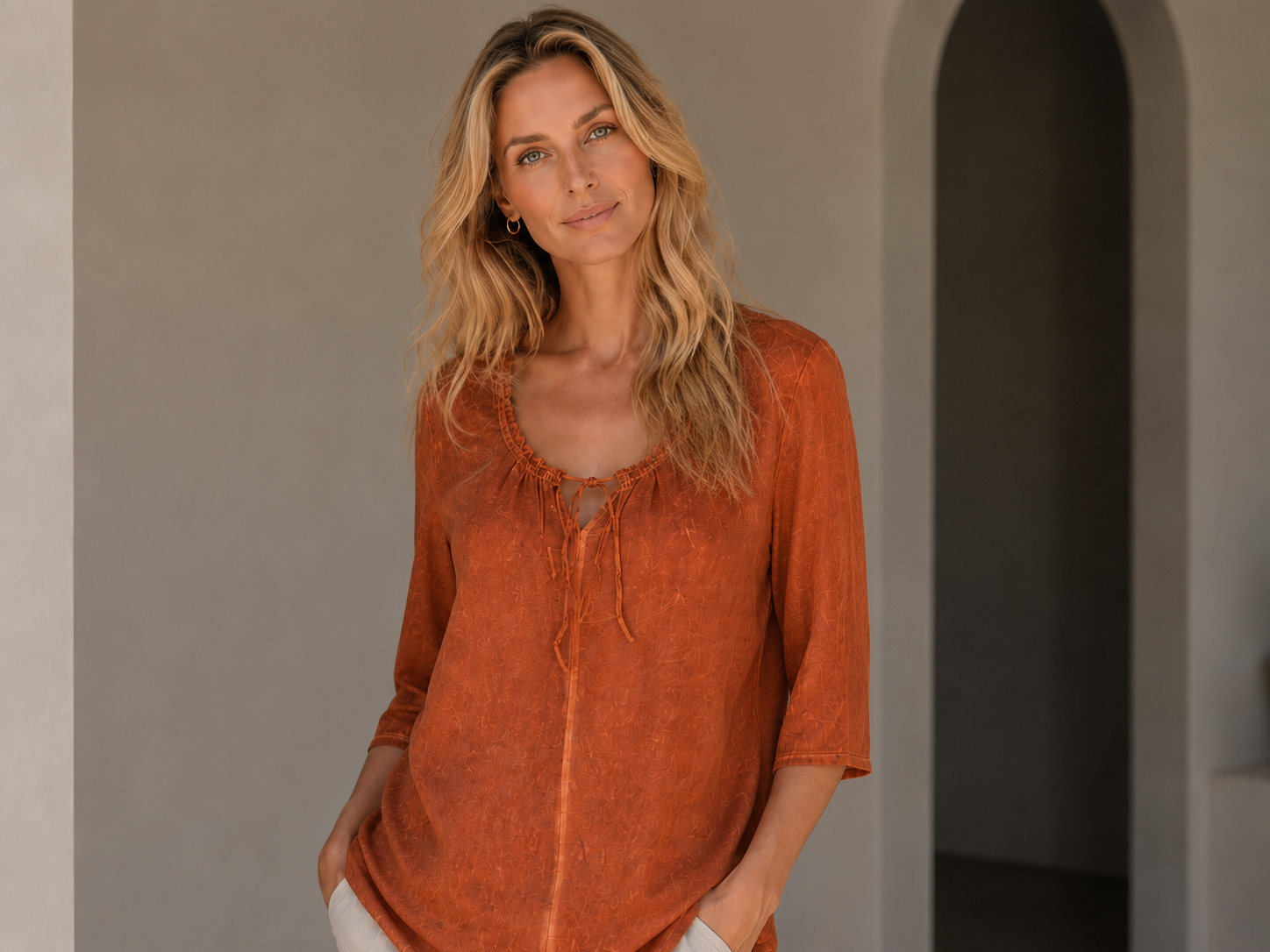 Kav2645-01-front-34 Kalisson Rust Viscose Tunic Top