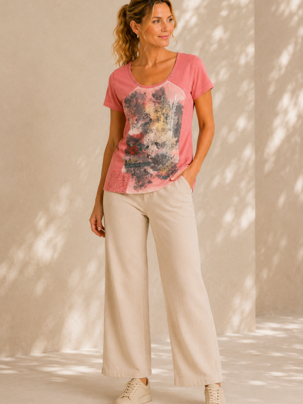Kalisson coral cotton T-shirt with artistic printed front panel