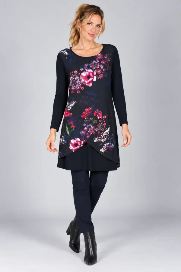 kalisson-navy-floral-layered-tunic-full-body ALT TEXT Kalisson navy floral layered tunic front upper body view
