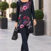 kalisson-navy-floral-layered-tunic-lifestyle ALT TEXT Kalisson navy floral layered tunic front upper body view