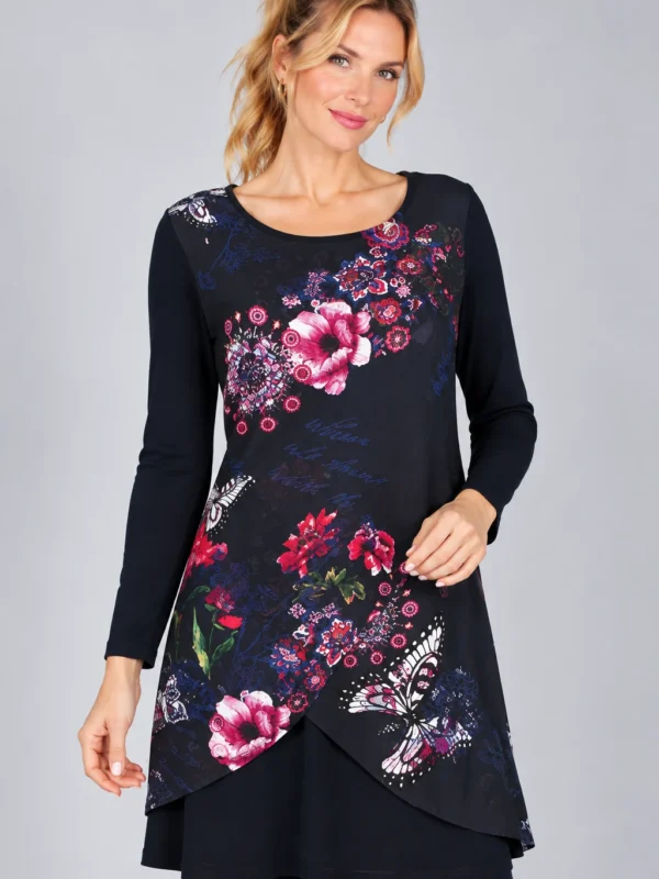 kalisson-navy-floral-layered-tunic-upper-body ALT TEXT Kalisson navy floral layered tunic front upper body view