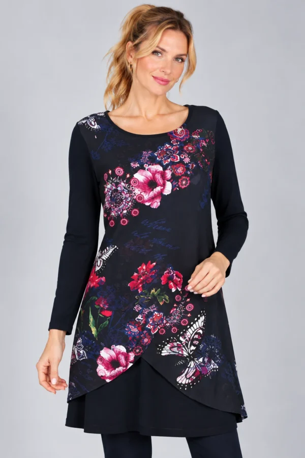 kalisson-navy-floral-layered-tunic-upper-body ALT TEXT Kalisson navy floral layered tunic front upper body view