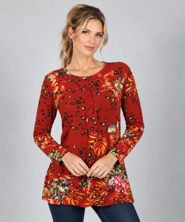 Kalisson red printed viscose tunic front upper body view