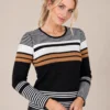 01black-white-camel-striped-cotton-sweater.webp Women’s black, white and camel striped cotton sweater, front upper-body view.
