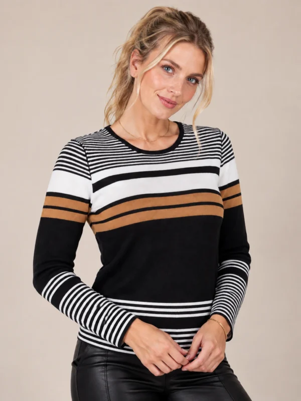 01black-white-camel-striped-cotton-sweater.webp Women’s black, white and camel striped cotton sweater, front upper-body view.