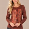 01V KALISSON rust abstract print long-sleeve top for women