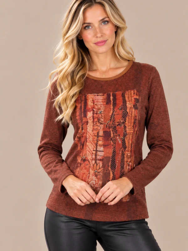 01V KALISSON rust abstract print long-sleeve top for women
