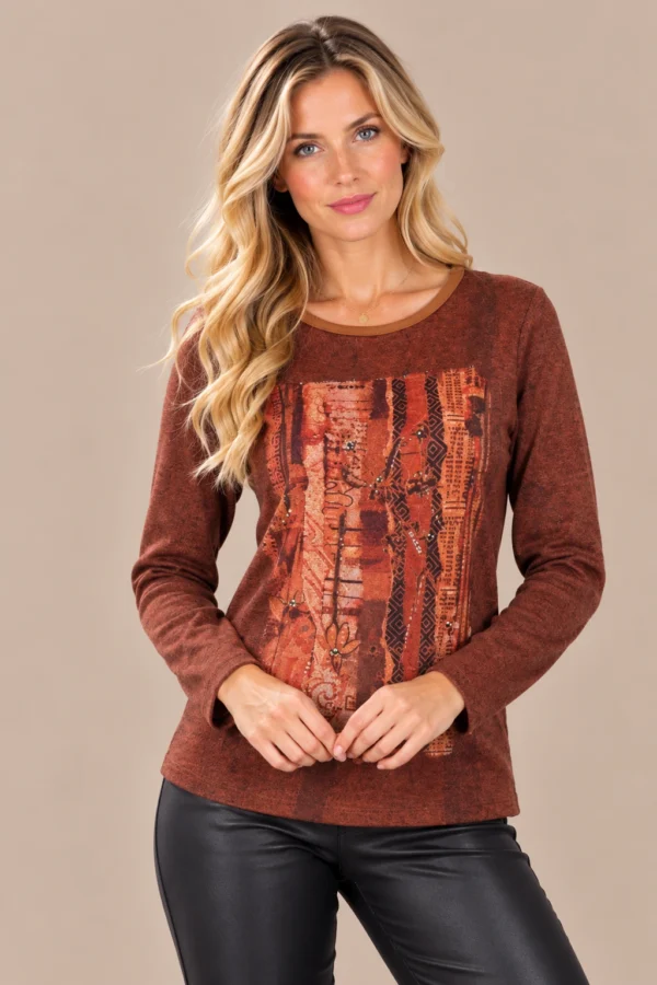 01V KALISSON rust abstract print long-sleeve top for women