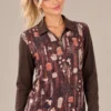 01womens-abstract-print-zip-top.webp Women's brown abstract print long-sleeve top with collar and short ring-pull zip
