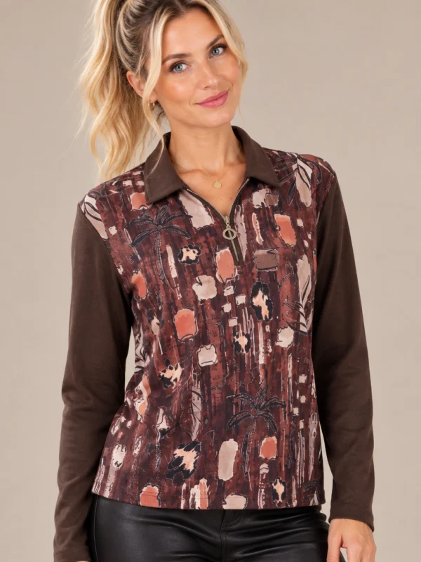 01womens-abstract-print-zip-top.webp Women's brown abstract print long-sleeve top with collar and short ring-pull zip