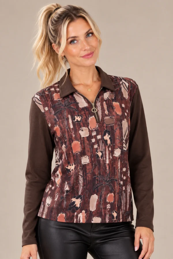 01womens-abstract-print-zip-top.webp Women's brown abstract print long-sleeve top with collar and short ring-pull zip
