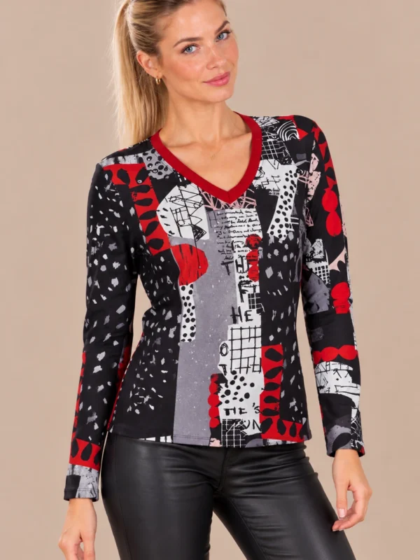 01kalisson-graphic-print-v-neck-top.webp Kalisson graphic print V-neck long-sleeve top in black, red, white and grey