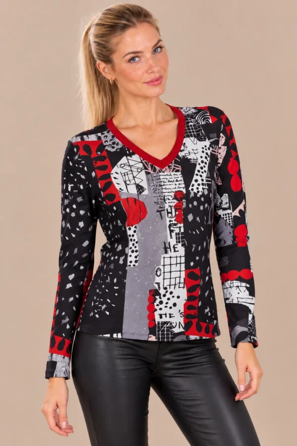 01kalisson-graphic-print-v-neck-top.webp Kalisson graphic print V-neck long-sleeve top in black, red, white and grey