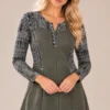 01womens-khaki-faux-suede-panel-dress.webp Women's khaki faux suede long-sleeve dress with grey and black abstract print panels