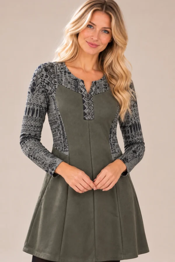 01womens-khaki-faux-suede-panel-dress.webp Women's khaki faux suede long-sleeve dress with grey and black abstract print panels