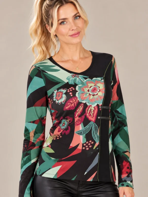 01womens-floral-abstract-panel-top.webp Kalisson Women's multicolour floral abstract long-sleeve top with black asymmetric panel