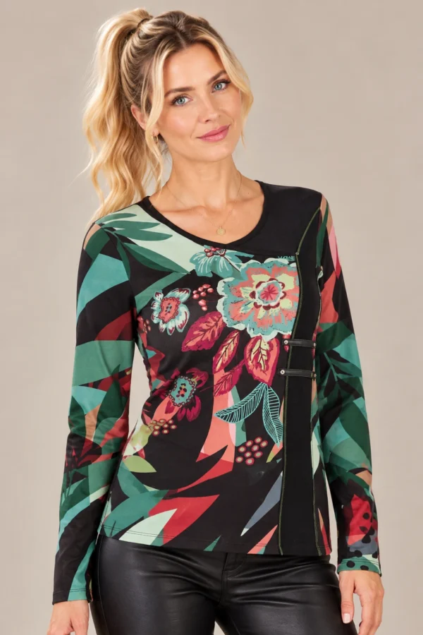 01womens-floral-abstract-panel-top.webp Kalisson Women's multicolour floral abstract long-sleeve top with black asymmetric panel