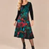 01black-botanical-print-midi-dress.webp Black long sleeve midi dress with multicolour botanical print