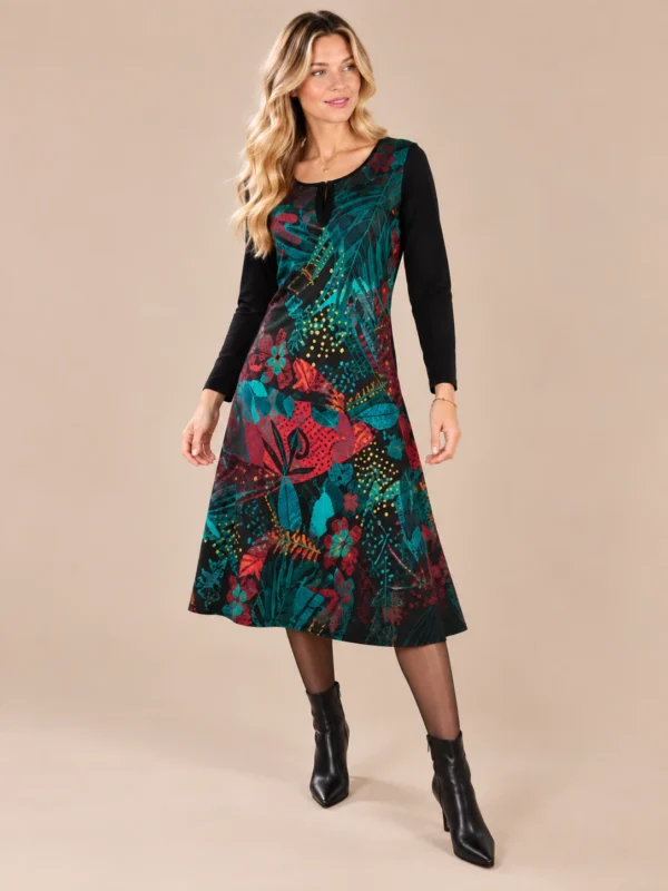 01black-botanical-print-midi-dress.webp Black long sleeve midi dress with multicolour botanical print
