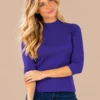 01purple-cotton-mock-neck-top.webp Kalisson Purple cotton mock neck top with three-quarter sleeves
