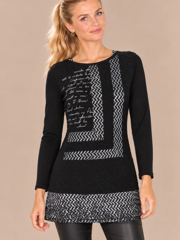 kalisson-black-graphic-print-tunic.webp Kalisson black graphic print tunic with textured panels and geometric trim