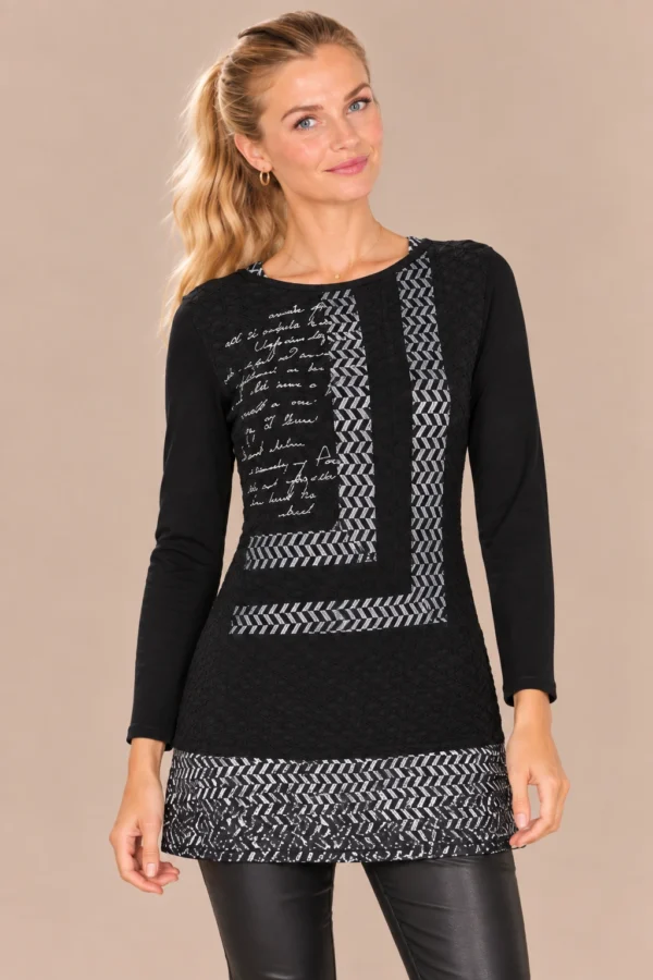 kalisson-black-graphic-print-tunic.webp Kalisson black graphic print tunic with textured panels and geometric trim