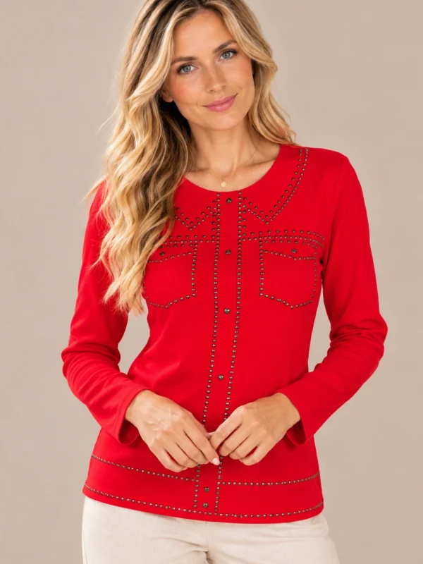 01red-studded-long-sleeve-top.webp Kalisson Women's red cotton long sleeve top with decorative dark stud detailing