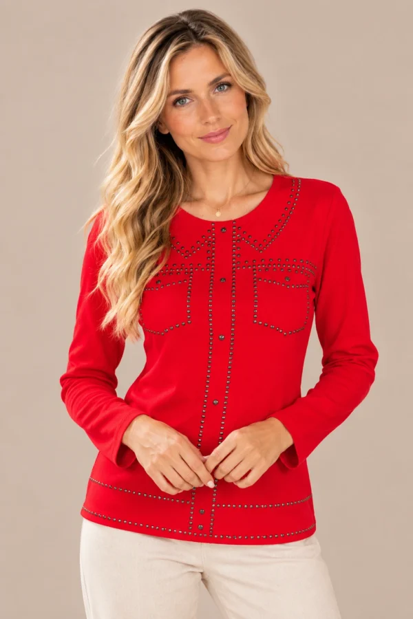 01red-studded-long-sleeve-top.webp Kalisson Women's red cotton long sleeve top with decorative dark stud detailing