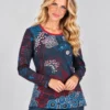 01-kalisson-ka-04123-navy-abstract-print-top-upper-body Kalisson navy abstract print top front upper body view