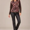02womens-abstract-print-zip-top.webp Women's brown abstract print long-sleeve top with collar and short ring-pull zip