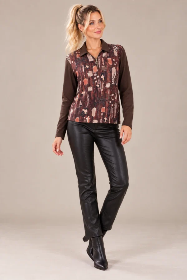 02womens-abstract-print-zip-top.webp Women's brown abstract print long-sleeve top with collar and short ring-pull zip