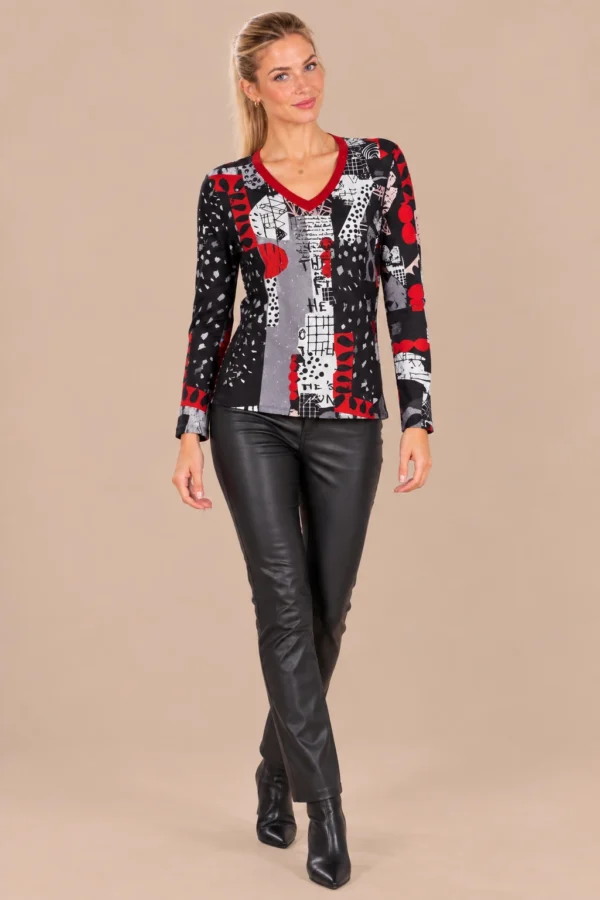 02kalisson-graphic-print-v-neck-top.webp Kalisson graphic print V-neck long-sleeve top in black, red, white and grey