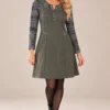 02womens-khaki-faux-suede-panel-dress.webp Women's khaki faux suede long-sleeve dress with grey and black abstract print panels