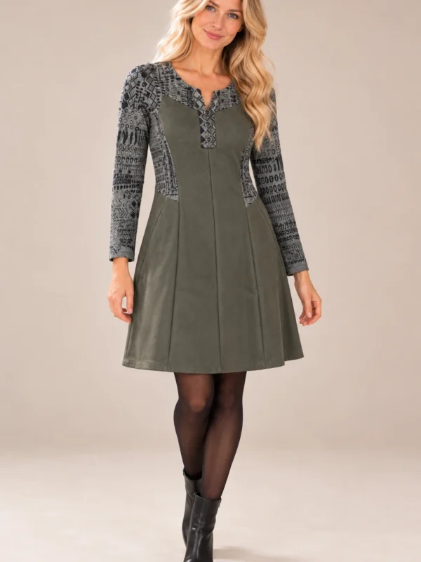 02womens-khaki-faux-suede-panel-dress.webp Women's khaki faux suede long-sleeve dress with grey and black abstract print panels