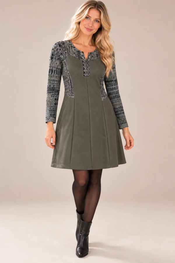 02womens-khaki-faux-suede-panel-dress.webp Women's khaki faux suede long-sleeve dress with grey and black abstract print panels
