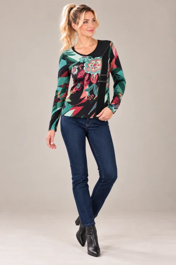 02womens-floral-abstract-panel-top.webp Kalisson Women's multicolour floral abstract long-sleeve top with black asymmetric panel