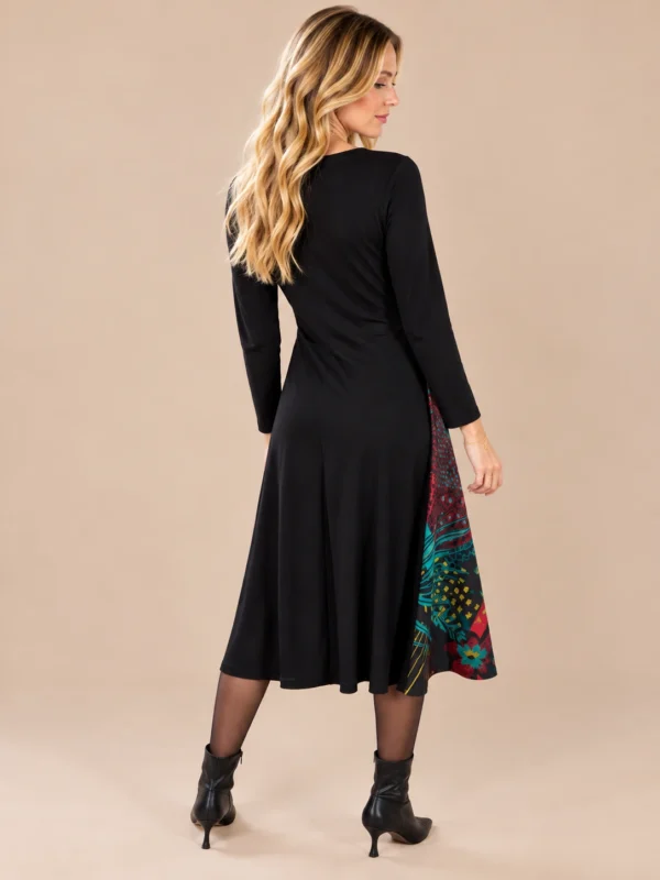 02black-botanical-print-midi-dress.webp Black long sleeve midi dress with multicolour botanical print